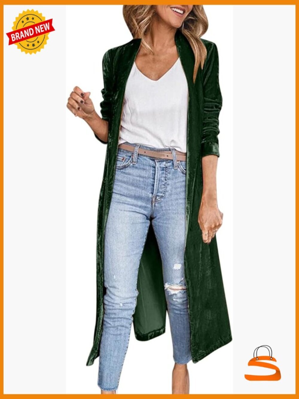 Long Velvet Cardigan Open Front Loose Fit Duster with Pockets